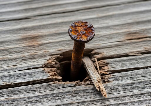 Rusty nail protruding from weathered wooden plank