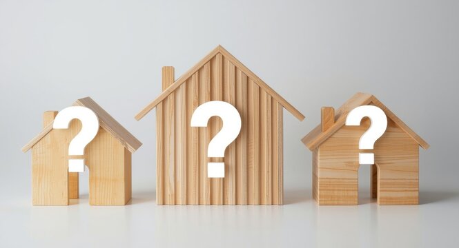 Wooden home constructs with question mark overlays underscoring housing crisis and unpredictable investment scenarios