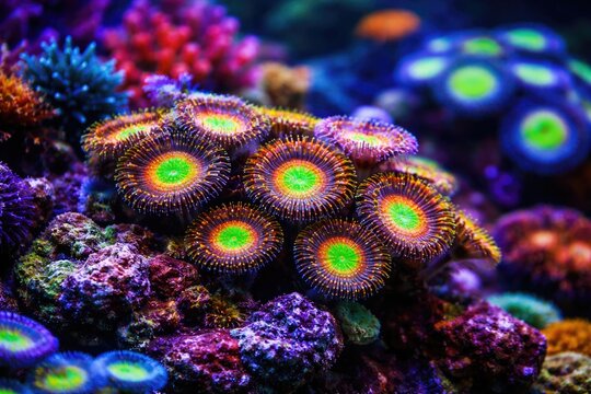 Vibrant zoanthid polyps decorating colorful reef aquarium scenes