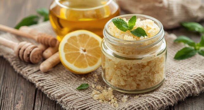DIY beauty scrub with honey sugar lemon and mint in glass jar for face and body with copy space
