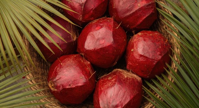 Tight frame of brilliant red babassu coconuts nestled within a woven basket with exotic palm leaves