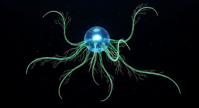 A glowing blue orb with intricate green branching tendrils against a dark background, resembling a futuristic organism or neural network.