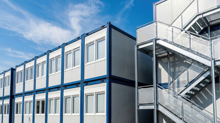 Obraz premium Modular home prefabricated construction exterior office unit modern temporary building under blue sky