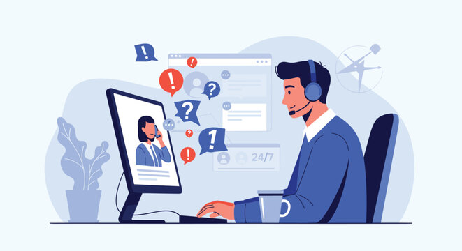 Professional male customer service representative wearing a headset and working on a computer while helping a client through video call.