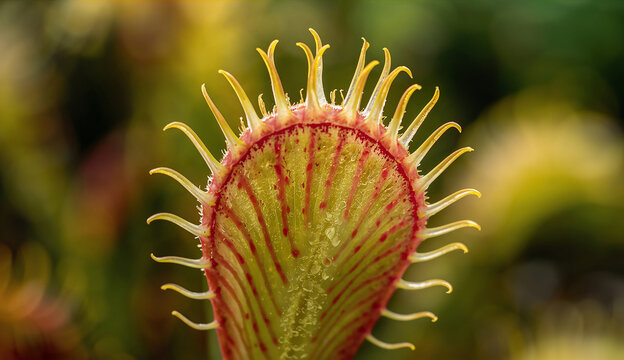 Close-up of a Venus flytrap leaf with open spines and red streaks on a green surface. The background is blurred with warm, natural tones.