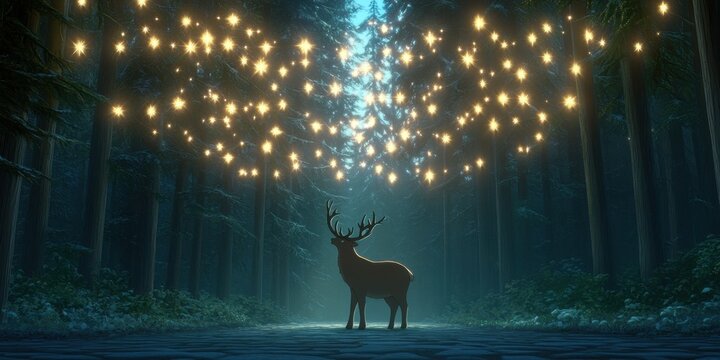 Cervo majestoso em uma floresta escura sob luzes brilhantes suspensas, criando uma atmosfera m&aacute;gica, m&iacute;stica e surreal de fantasia noturna profunda.