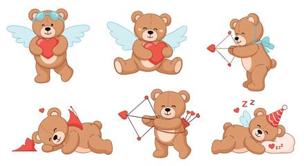 Fototapeta premium Collection of adorable teddy bear characters dressed as cupids with wings, bows, arrows, and hearts for Valentines Day celebration and cards.