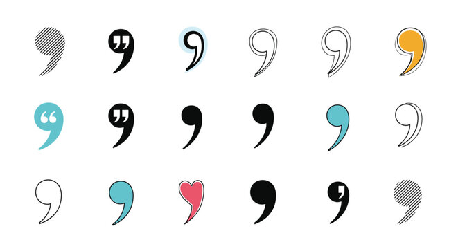 Extensive collection of various comma punctuation marks in different styles including solid, outlined, textured, and colored designs for typography.