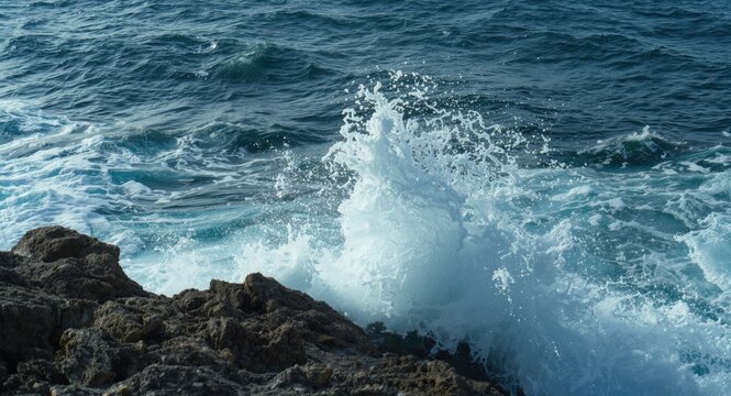 Wild crashing waves against rugged rocky sea edge