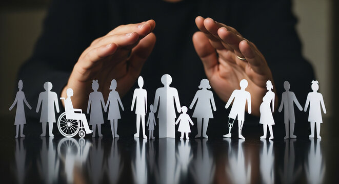 Hands hovering defensively over paper cutout of a large family perfect for social security and protection