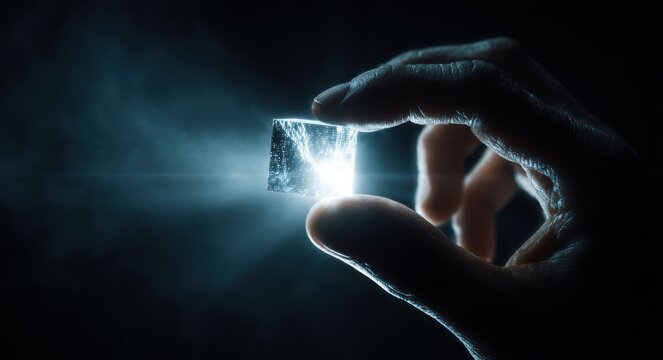 Hand holding glowing transparent digital cube with data particles, futuristic tech concept for big data, AI and digital transformation.