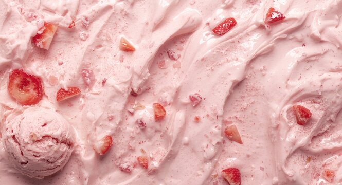 Swirled creamy textured strawberry ice cream with visible strawberry pieces on a pale backdrop including copy space