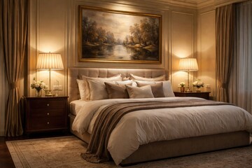 Fototapeta premium Inviting bedroom featuring a plush bed, illuminated lamps, and an elegant wall painting