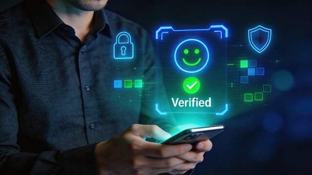 Man holding smartphone with futuristic digital interface showing verified face recognition biometric authentication cyber security data protection identity verification and