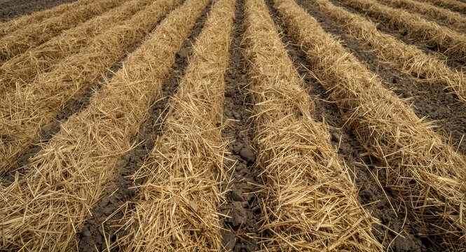 Farm soil bordered by rows of freshly harvested hay windrows under natural light