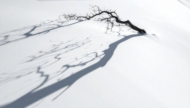 Galho de &aacute;rvore solit&aacute;rio ca&iacute;do na neve branca profunda com sombras dram&aacute;ticas e longas em uma paisagem de inverno minimalista e fria.