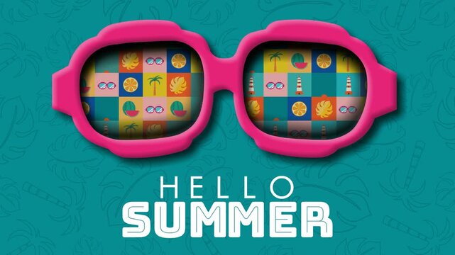 Summer Creative Theme &ndash; Looping 4K animation with &ldquo;Hello Summer&rdquo; text and bold sunglasses reflecting colorful tropical patterns, creating a fun vibrant scene ideal for seasonal promos and branding.