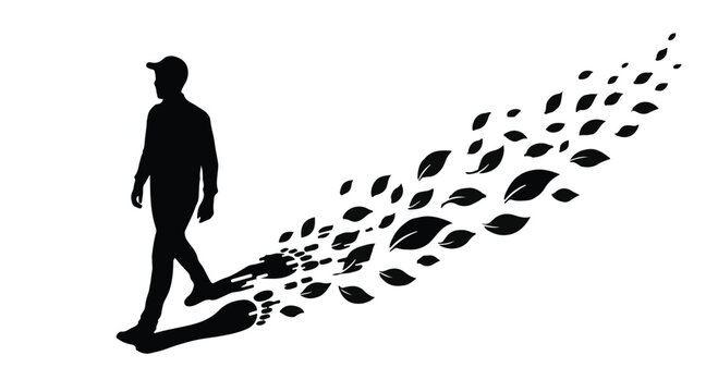 Silhouette of a person walking away, leaving a trail of dissolving leaves behind.