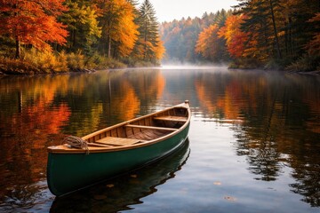 Obraz premium Serene canoe floating on calm lake water with vibrant autumn foliage