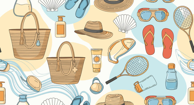 Cheerful seamless pattern of essential summer beach vacation items like bags, hats, sunglasses, sunscreen, and rackets for holiday themes.
