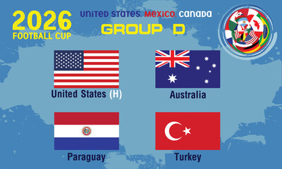 United States,Australia,Paraguay,Turkey, Countries and Flags soccer championship group D, 2026 football tournament group D. The 2026 football championship in the USA, Canada, and Mexico.eps