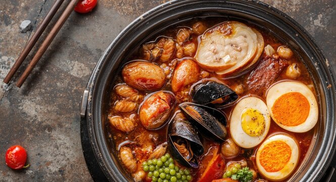 Tasty Korean ramyeon hot pot with assorted sausage mussels vegetables and copy space for text