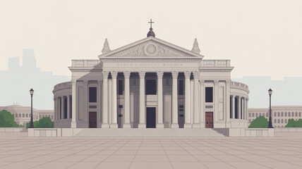 Fototapeta premium Large white neoclassical church building with columns and cross on roof in city