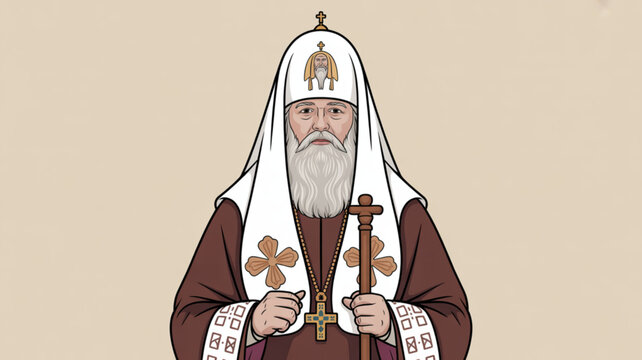 Orthodox priest with white beard and cross in hands standing against beige background wearing traditional brown and white religious attire with golden symbols