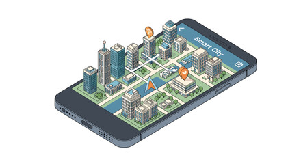Obraz premium Detailed isometric smart city map on smartphone screen featuring urban buildings and navigation icons for technology.