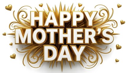 Obraz premium Elegant 3D Happy Mother's Day text with golden swirls and hearts