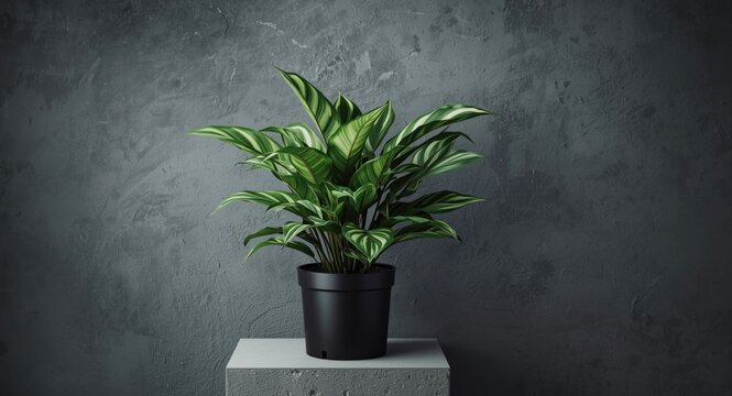 Variegated cocor bebek plant displayed on rough gray matte background with high key light