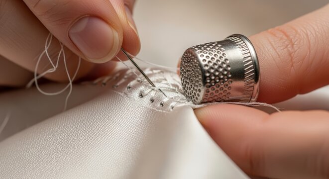 Close-up sewing with thimble protection.