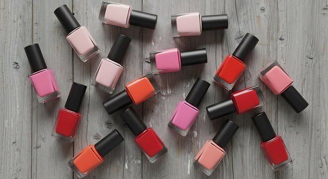 Assorted nail polish bottles on wooden background