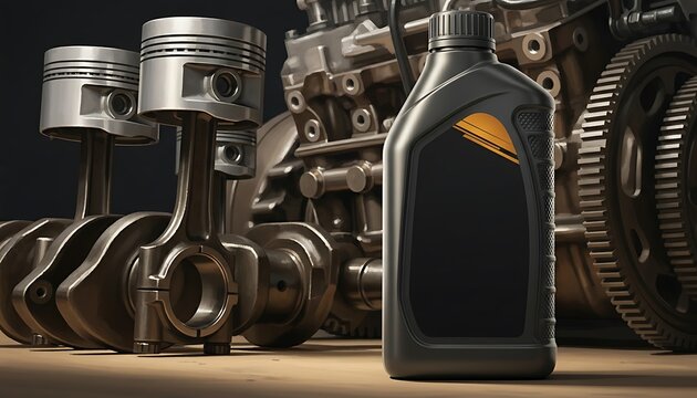 Engine oil bottle with pistons and engine parts