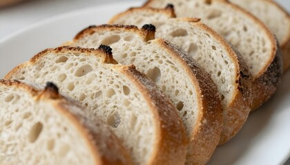 Fototapeta premium Close-up of freshly baked sourdough bread slices with a golden crust and airy crumb