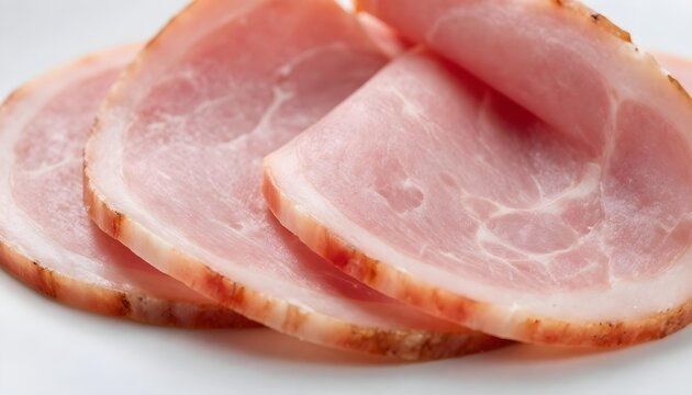 Thinly sliced cooked ham with visible fat marbling and a browned edge, presented on a white surface