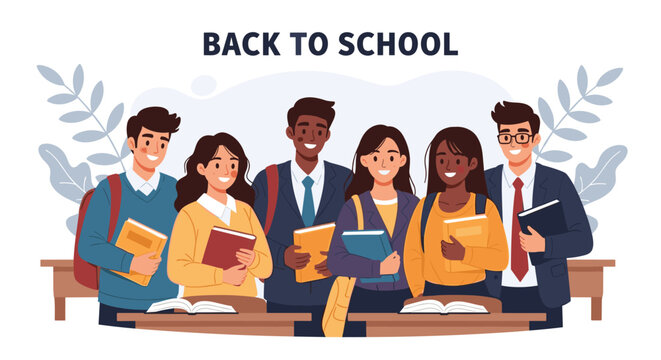Group of diverse young students standing together holding books and wearing backpacks for a back to school themed illustration on white background.