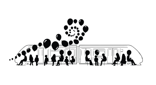 People silhouettes with balloons on a train platform, creating a swirling pattern