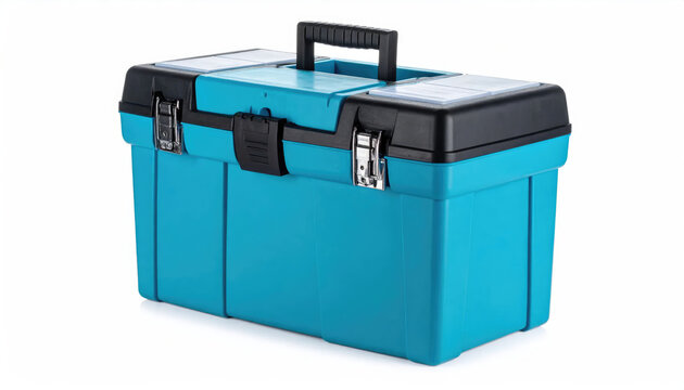 A blue toolbox with a black handle and secure closures, ready for any project