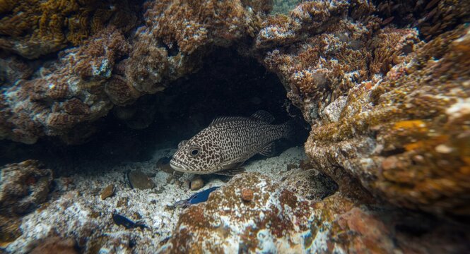 Tropical aquatic ecosystem with stonefish hiding among rocky reef surfaces