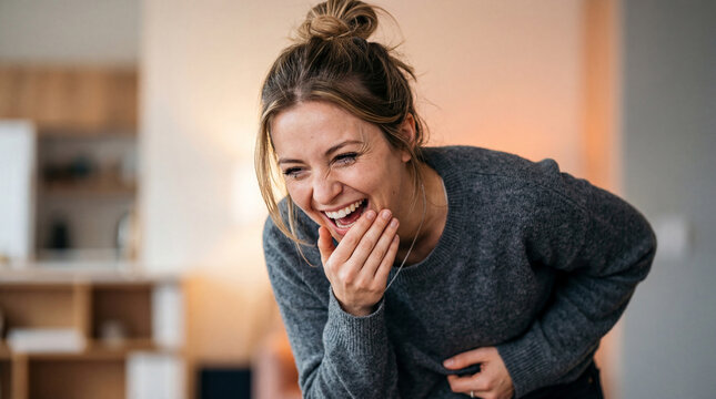 Radiant woman with a joyful spirit caught in an authentic fit of laughter, sharing her mirth in a warm living space