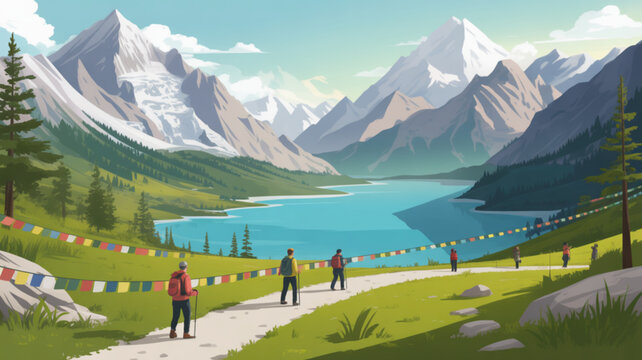 People hiking on a path with prayer flags in a serene mountain landscape with a lake