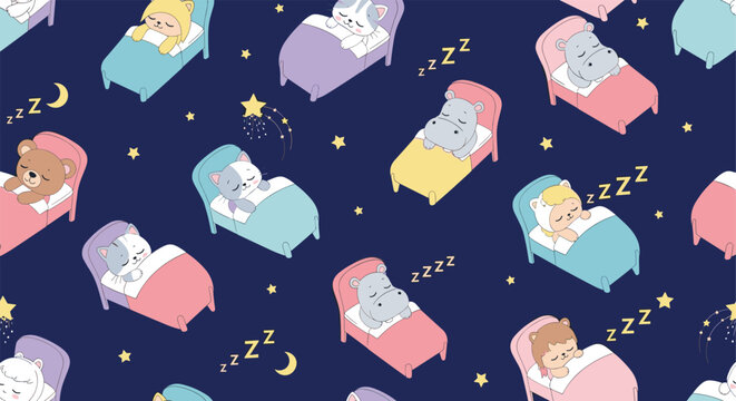 Cute seamless pattern of various baby animals like bears, cats, and hippos sleeping in small beds under a starry night sky with Zzz text.