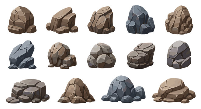 Set of diverse rock formations and boulders in different colors and textures, suitable for environmental and landscape design projects.