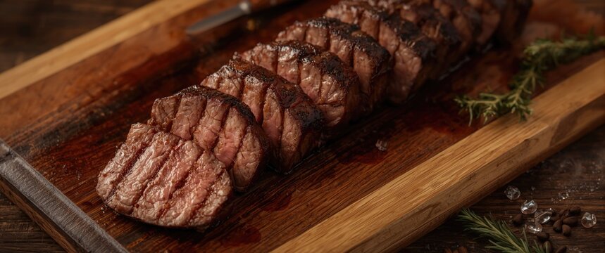 Wooden table featuring slices of grilled Black Angus Chuck roll steak