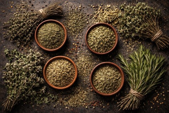 Overhead view of crushed and whole dried herbs including thyme marjoram oregano and rosemary