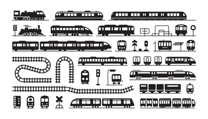 Diverse train silhouettes including steam locomotives modern bullet trains railway carriages and tracks set. © Sen