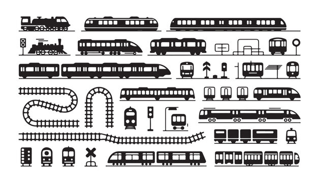 Diverse train silhouettes including steam locomotives modern bullet trains railway carriages and tracks set.