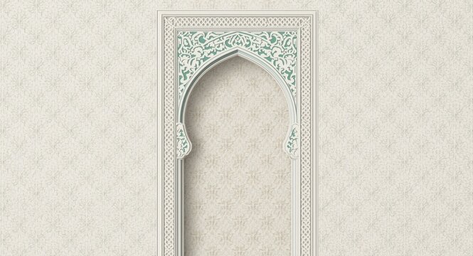 Sophisticated Arabic ornamental backdrop featuring a white and green patterned arch frame