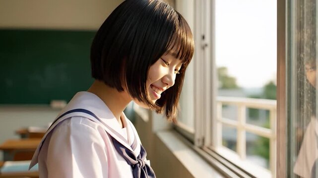 Young Japanese student in school uniform looking out classroom window thoughtfully.